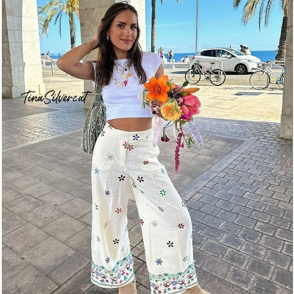 Zara White Floral Cropped Wide Legs Pants NWT